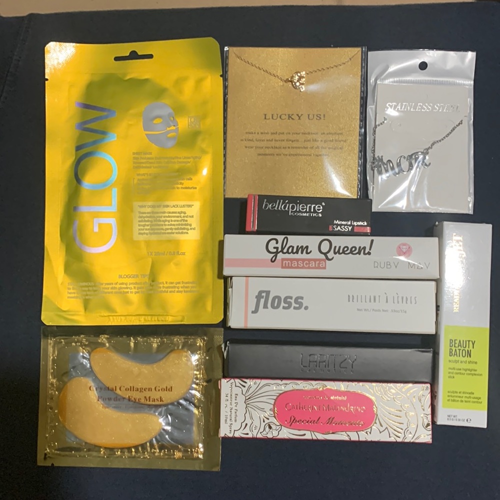 Face mask, collage eye mask, 2 necklaces,  items out of the redhead secret box.